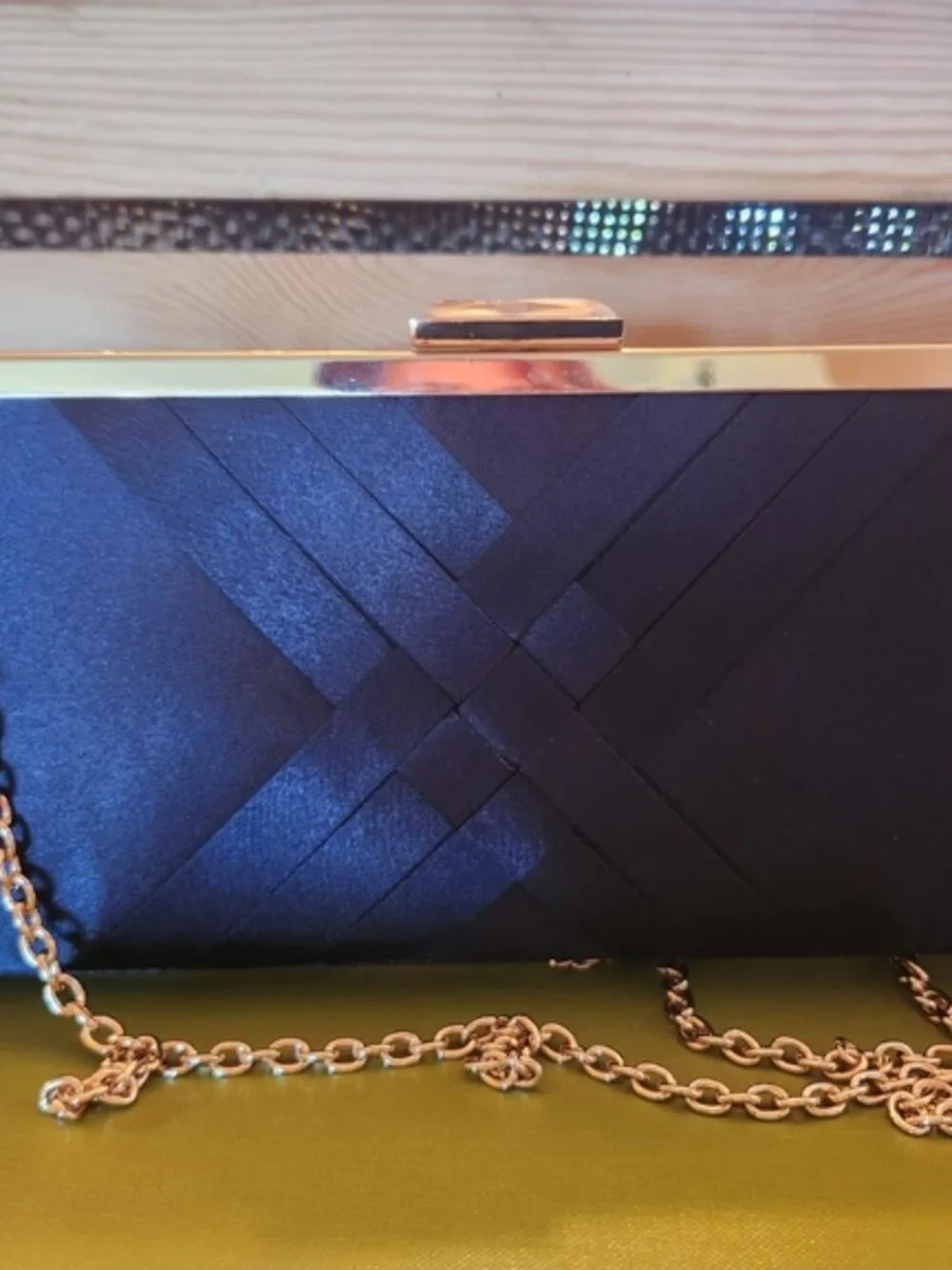 I.N.C. International Concepts Navy Satin Evening Clutch Gold Chain Purse